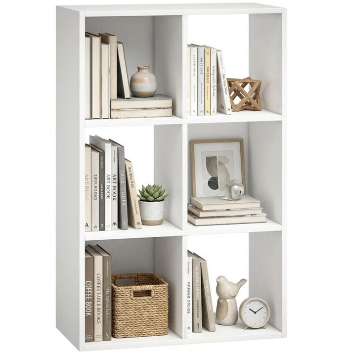 Industrial Style Storage Shelf, Bookcase, Bookshelf with 6 Compartments, for Living Room, Home Study, White Wood Effect