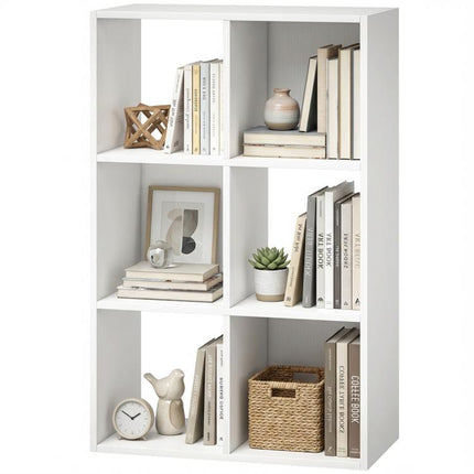 Industrial Style Storage Shelf, Bookcase, Bookshelf with 6 Compartments, for Living Room, Home Study, White Wood Effect