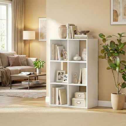 Industrial Style Storage Shelf, Bookcase, Bookshelf with 6 Compartments, for Living Room, Home Study, White Wood Effect