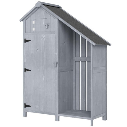 Garden Outdoor Storage Shed 3 Shelves Tilt Roof w/ Firewood Rack Log Carrier, 129L x 51.5W x 180H cm