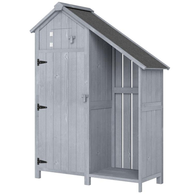 Garden Outdoor Storage Shed 3 Shelves Tilt Roof w/ Firewood Rack Log Carrier, 129L x 51.5W x 180H cm