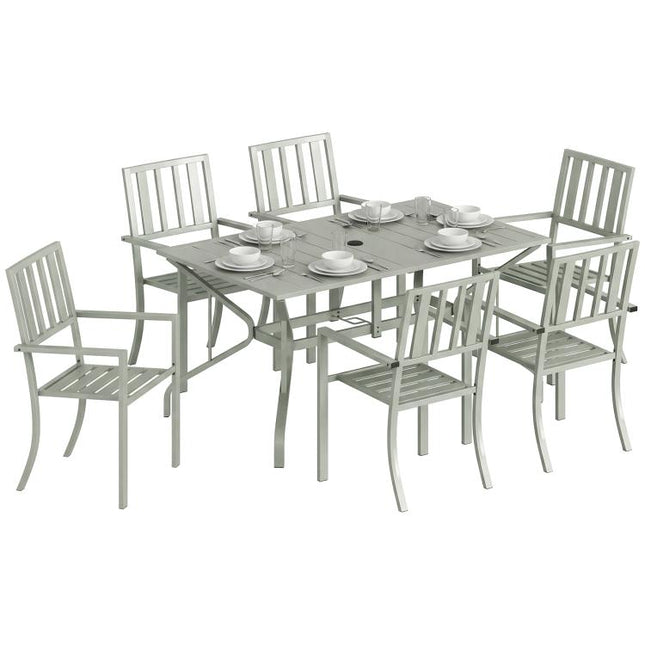 7 Pieces Garden Table and Chairs, 6 Seater Outdoor Table and Chairs with Umbrella Hole, for Garden, Light Grey