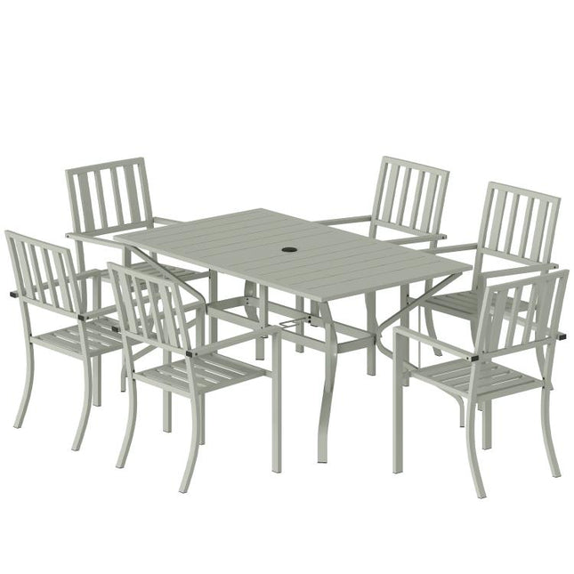 7 Pieces Garden Table and Chairs, 6 Seater Outdoor Table and Chairs with Umbrella Hole, for Garden, Light Grey