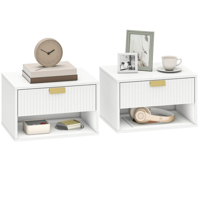 Set of 2 Wall Mounted Nightstands, Floating Bedside Tables with Fluted Drawer and Open Shelf for Small Bedroom, White