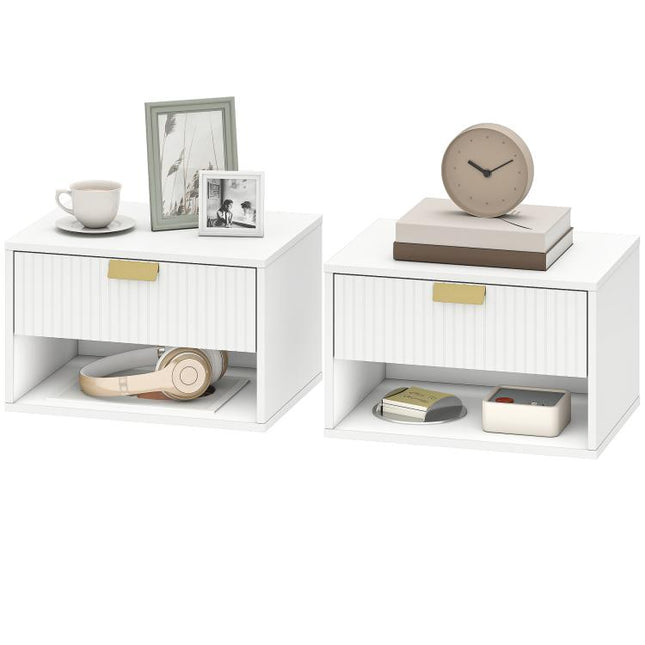 Set of 2 Wall Mounted Nightstands, Floating Bedside Tables with Fluted Drawer and Open Shelf for Small Bedroom, White