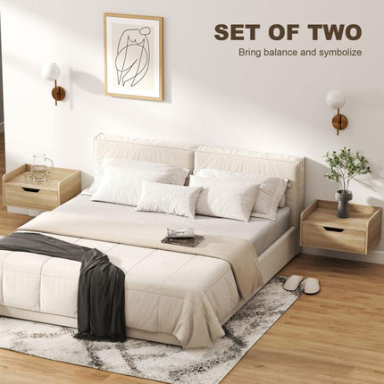 Floating Nightstands Set of 2, Wall Mounted Bedside Table with Drawer for Bedroom, Natural Wood