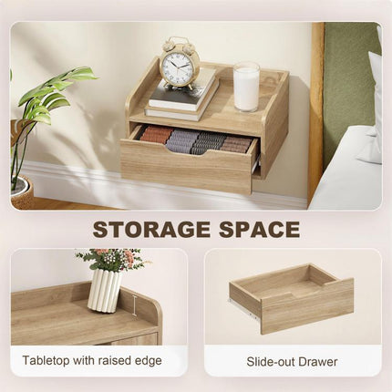 Floating Nightstands Set of 2, Wall Mounted Bedside Table with Drawer for Bedroom, Natural Wood