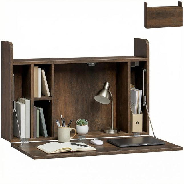 Wall Mounted Desk, Drop Leaf Floating Laptop Desk with Space Saving Storage Compartments for Home Office, Dark Brown