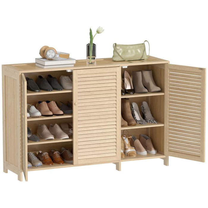 Bamboo Shoe Cabinet with Louvered Doors, 18 Pairs Shoe Storage Cabinet with Adjustable Shelves for Hallway, Natural