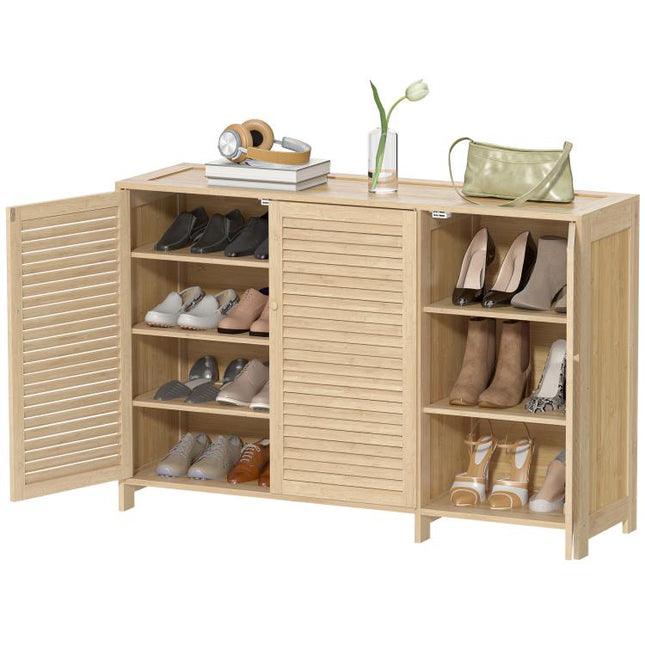 Bamboo Shoe Cabinet with Louvered Doors, 18 Pairs Shoe Storage Cabinet with Adjustable Shelves for Hallway, Natural