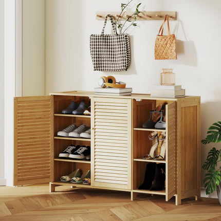 Bamboo Shoe Cabinet with Louvered Doors, 18 Pairs Shoe Storage Cabinet with Adjustable Shelves for Hallway, Natural