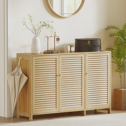 Bamboo Shoe Cabinet with Louvered Doors, 18 Pairs Shoe Storage Cabinet with Adjustable Shelves for Hallway, Natural