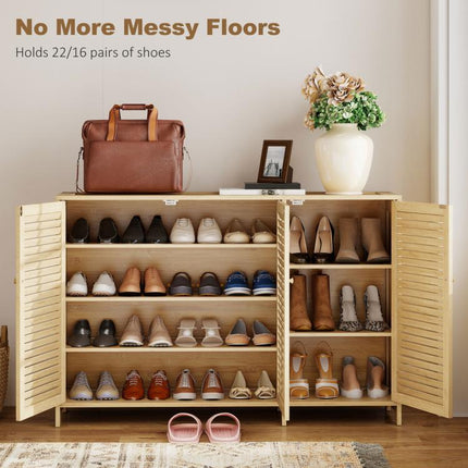 Bamboo Shoe Cabinet with Louvered Doors, 18 Pairs Shoe Storage Cabinet with Adjustable Shelves for Hallway, Natural