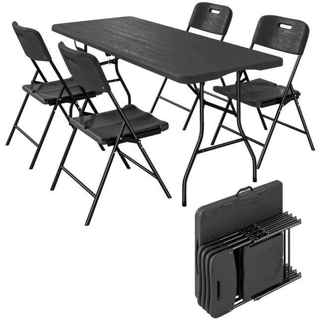 5 Piece 6ft Foldable Table and Chairs, Portable Picnic Table Set with 4 Chairs, Waterproof Top and Steel Frame, Black