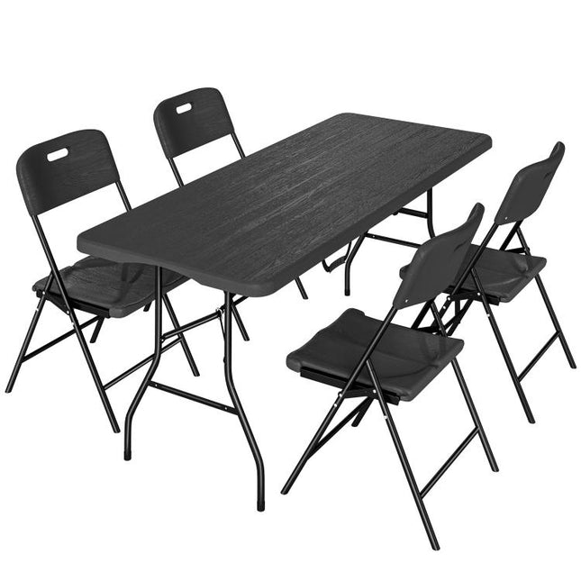 5 Piece 6ft Foldable Table and Chairs, Portable Picnic Table Set with 4 Chairs, Waterproof Top and Steel Frame, Black