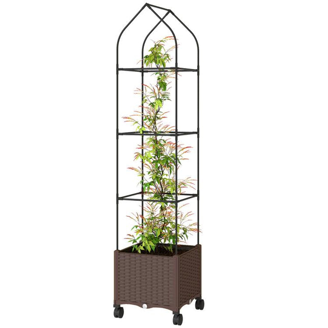 Raised Garden Bed with Trellis, Tomato Cage with Lockable Wheels, Self Watering Planter Box with Drainage Holes, Brown