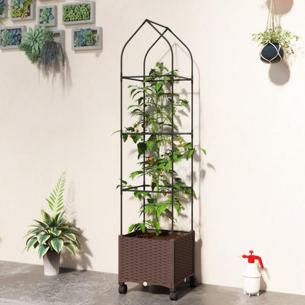 Raised Garden Bed with Trellis, Tomato Cage with Lockable Wheels, Self Watering Planter Box with Drainage Holes, Brown