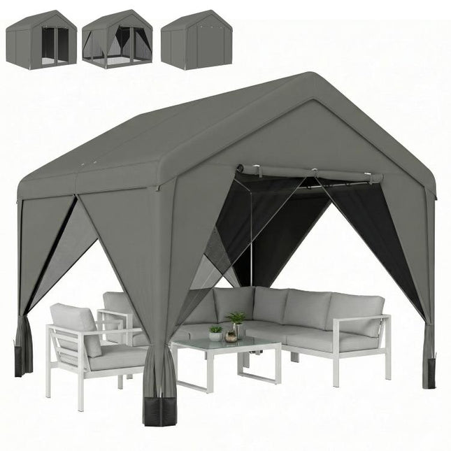 3 x 3 m Patio Gazebo with Netting & Curtains, Outdoor Canopy Shelter with Galvanised Steel Frame, Dark Grey