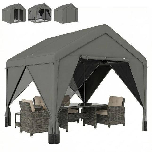 3 x 3 m Patio Gazebo with Netting & Curtains, Outdoor Canopy Shelter with Galvanised Steel Frame, Dark Grey