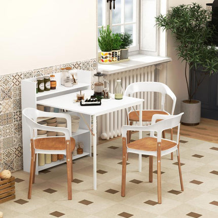 Kitchen Table, Folding Dining Table, with 4-Tier Shelves, Modern Drop-Leaf Table, White
