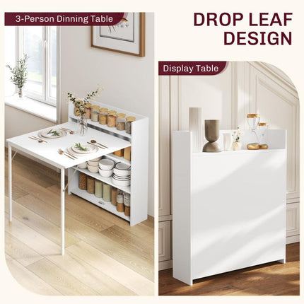 Kitchen Table, Folding Dining Table, with 4-Tier Shelves, Modern Drop-Leaf Table, White