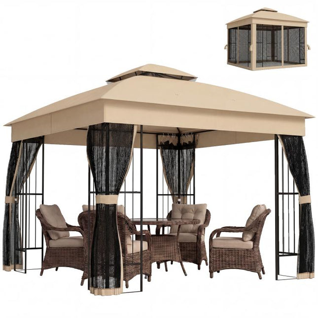 3 x 3 m Outdoor Garden Gazebo with Post Shelves, UPF50+ Double?Roof Patio Permanent Pavilion, Brown