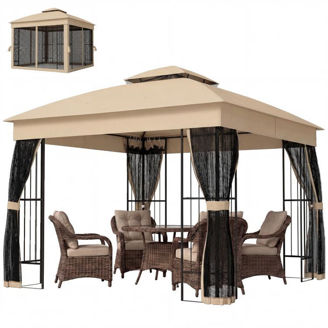 3 x 3 m Outdoor Garden Gazebo with Post Shelves, UPF50+ Double?Roof Patio Permanent Pavilion, Brown