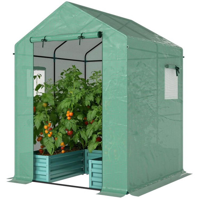Small Greenhouse with Raised Garden Bed, Galvanised Walk-in Greenhouse with Roll Up Windows, 141 x 141 x 190 cm, Green