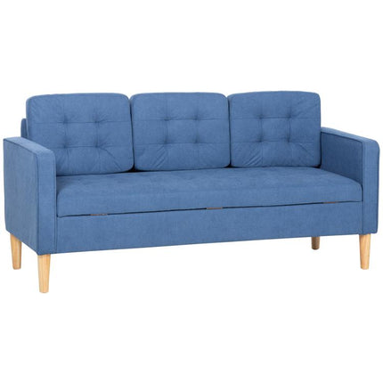 3 Seater Sofa, 169cm Couch with Hidden Storage, Wood Legs, Blue