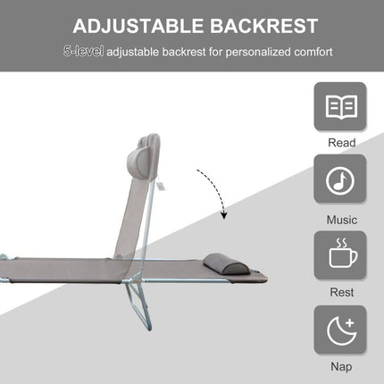 Folding Sun Lounger, Texteline Reclining Sun Bed with 5 Position Adjustable Backrest, Headrest, Coffee