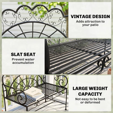 Metal Garden Bench Loveseat with Slatted Seat, Black