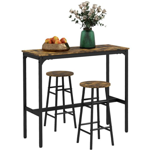 3 Piece Bar Table Set with 2 Stools, Industrial Bar Table and Stool Set, Dining Table and Chair Set, Rustic Brown