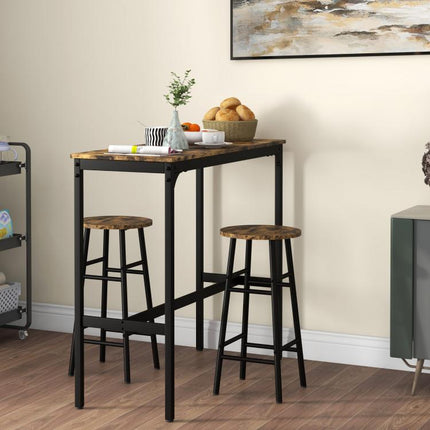 3 Piece Bar Table Set with 2 Stools, Industrial Bar Table and Stool Set, Dining Table and Chair Set, Rustic Brown
