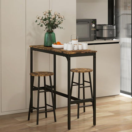 3 Piece Bar Table Set with 2 Stools, Industrial Bar Table and Stool Set, Dining Table and Chair Set, Rustic Brown