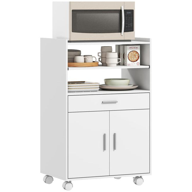 Kitchen Trolley with Wheels, Modern Mobile Microwave Stand with Slide-Out Shelf, Drawer and 2 Doors for Dining Room