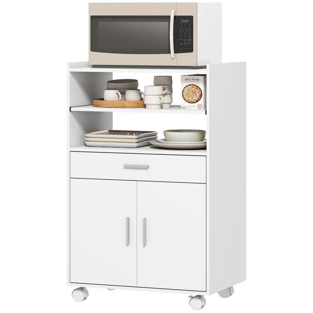 Kitchen Trolley with Wheels, Modern Mobile Microwave Stand with Slide-Out Shelf, Drawer and 2 Doors for Dining Room