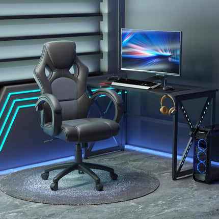 Office Chair Faux Leather Swivel Computer Desk Chair for Home Office with Wheels Armrests Black