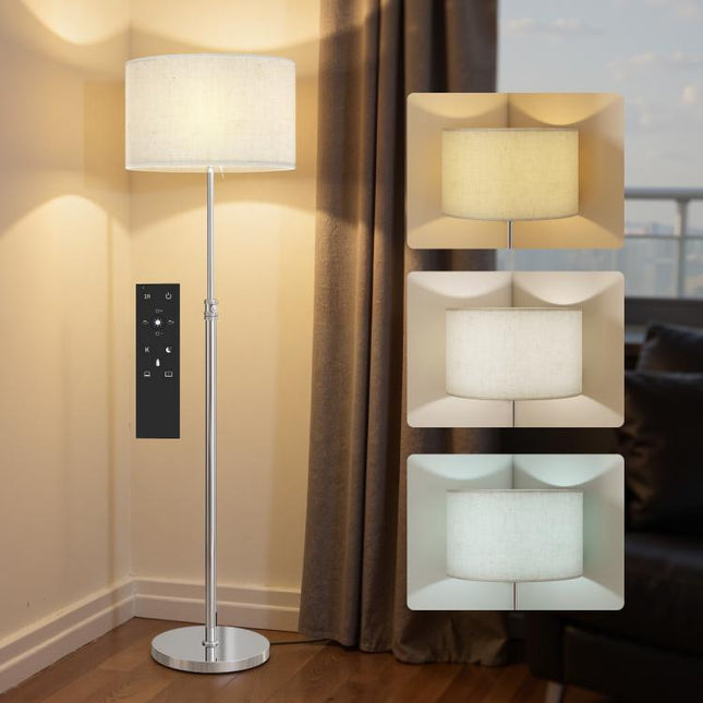 Floor Lamp with Remote, Height Adjustable Standing Lamp with Linen Shade, Dimmable with 3000K-6000K Adjustable Colour Temperatures, Foot Switch for Living Room Bedroom Office, Silver Tone