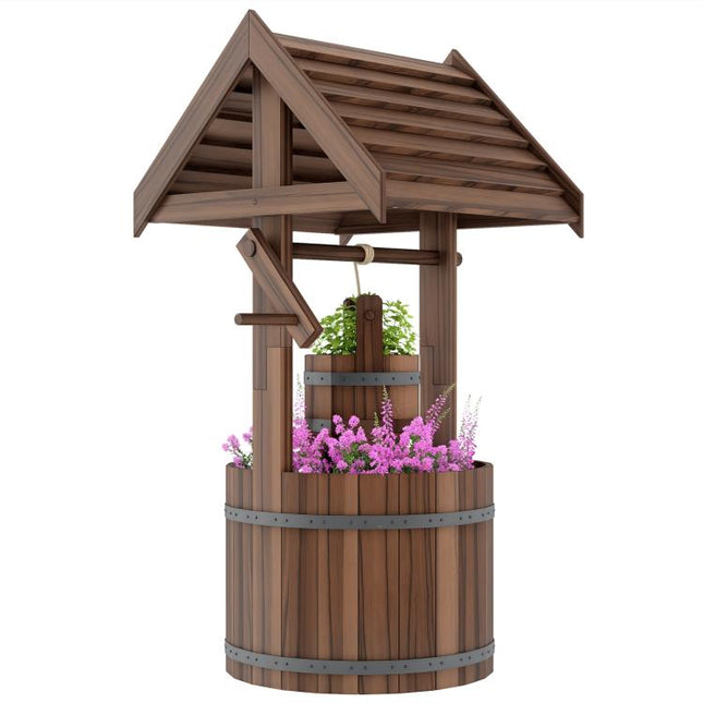 Wood Wishing Well for Outside with Hanging Bucket, Wishing Well Planter with Drain Hole for Garden Patio, Carbonized