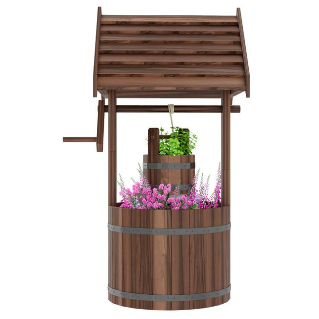 Wood Wishing Well for Outside with Hanging Bucket, Wishing Well Planter with Drain Hole for Garden Patio, Carbonized
