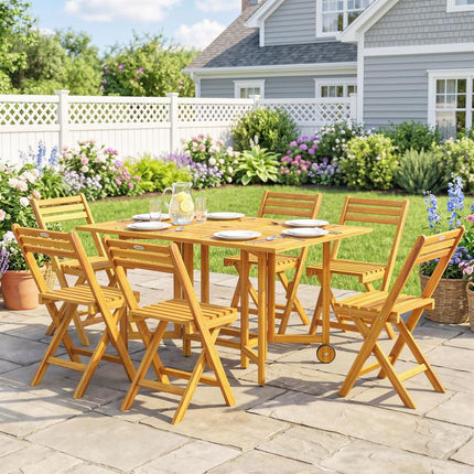 7 Pieces Garden Dining Set, Extending Dining Table and 6 Folding Chairs with Umbrella Hole for Patio, Natural Wood