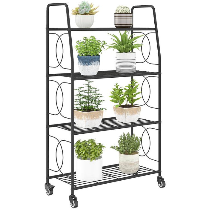 4-Tier Metal Plant Stand, Heavy Duty Ladder Shelf Potted Plants Display Rack with Lockable Wheels