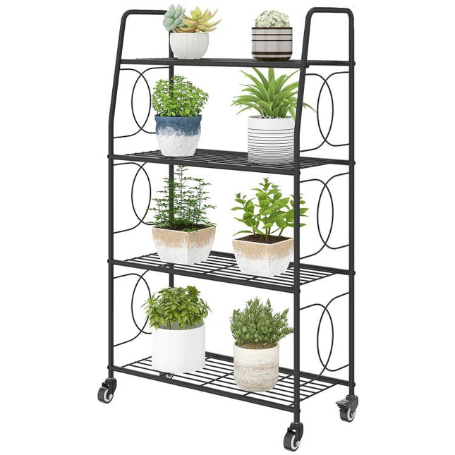 4-Tier Metal Plant Stand, Heavy Duty Ladder Shelf Potted Plants Display Rack with Lockable Wheels