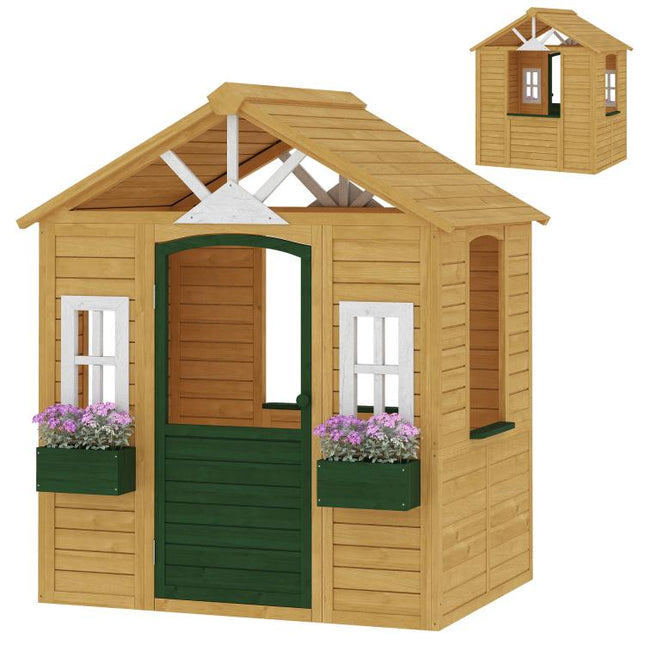 Outdoor Kids Playhouse, Wooden Wendy House with Door, 3 Windows, 2 Flower Boxes for Garden, Indoor Playroom