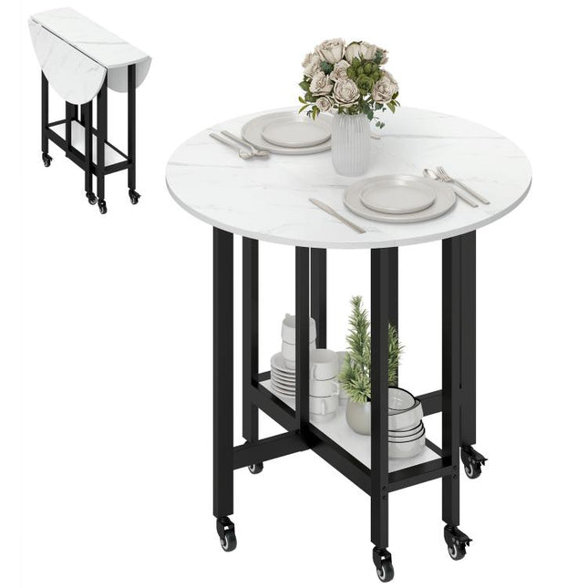 Folding Dining Table, Drop Leaf Table with Open Shelf, Rolling Kitchen Table for Dining Room, Small Spaces, White Marble