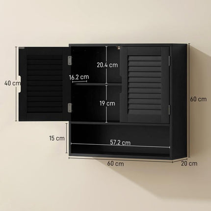 Bathroom Cabinet, Wall Mounted Storage Cabinet with Adjustable Shelves, 60 x 20 x 60 cm, Black