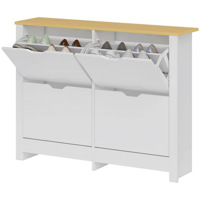 Slim Shoe Cabinet, Narrow Shoe Cupboard with 4 Flip Drawers, Adjustable Shelves for 16 Pairs of Shoes, White