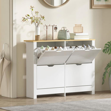 Slim Shoe Cabinet, Narrow Shoe Cupboard with 4 Flip Drawers, Adjustable Shelves for 16 Pairs of Shoes, White