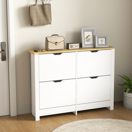 Slim Shoe Cabinet, Narrow Shoe Cupboard with 4 Flip Drawers, Adjustable Shelves for 16 Pairs of Shoes, White