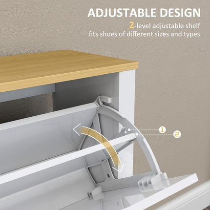 Slim Shoe Cabinet, Narrow Shoe Cupboard with 4 Flip Drawers, Adjustable Shelves for 16 Pairs of Shoes, White
